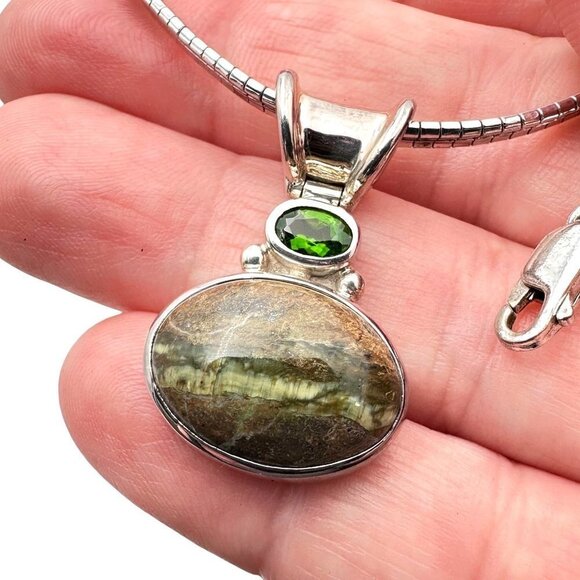 Sajen Womens Necklace Dark Green Brown Gemstone Pendant Sterling Silver Choker - Picture 1 of 5